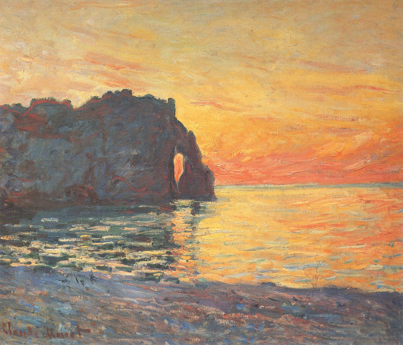 Monet Oil Painting Etretat, Cliff of d`Aval, Sunset 1885