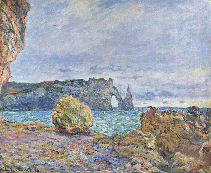 Monet Painting Etretat, the Beach and the Porte d'Aval 1884
