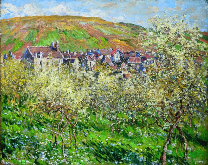 Cloude Monet Painting Plum Trees in Blossom at Vetheuil 1879