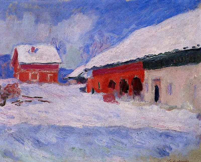 Monet Painting Red Houses at Bjornegaard in the Snow,Norway 1895